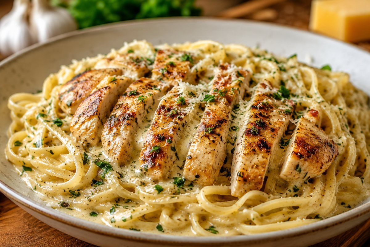 Creamy garlic parmesan chicken pasta with sliced grilled chicken and parsley