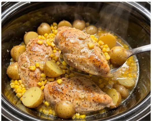 Finished crockpot garlic butter chicken with ranch corn and baby potatoes