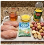Ingredients for crockpot honey butter chicken with ranch potatoes and corn