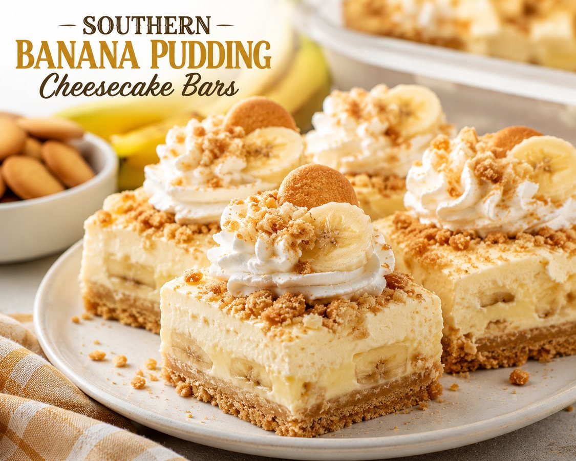 Southern banana pudding cheesecake bars with whipped cream, bananas, and vanilla wafers